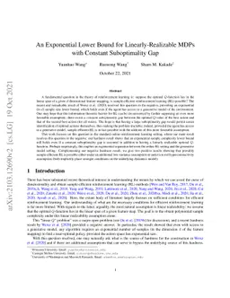 An Exponential Lower Bound for Linearly-Realizable MDPs with Constant
  Suboptimality Gap