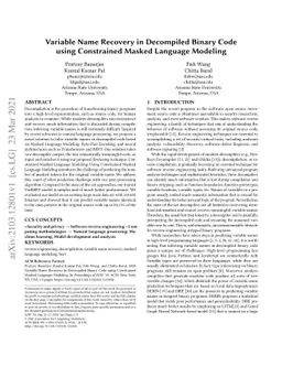 Variable Name Recovery in Decompiled Binary Code using Constrained
  Masked Language Modeling