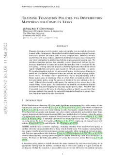 Training Transition Policies via Distribution Matching for Complex Tasks