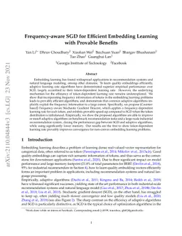Frequency-aware SGD for Efficient Embedding Learning with Provable
  Benefits