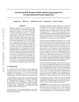 Last Iterate Risk Bounds of SGD with Decaying Stepsize for
  Overparameterized Linear Regression