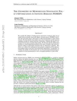 The Geometry of Memoryless Stochastic Policy Optimization in
  Infinite-Horizon POMDPs