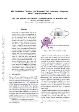 The World of an Octopus: How Reporting Bias Influences a Language
  Model's Perception of Color