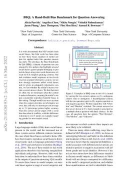 BBQ: A Hand-Built Bias Benchmark for Question Answering