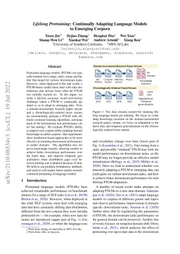 Lifelong Pretraining: Continually Adapting Language Models to Emerging
  Corpora