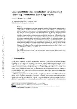 Contextual Hate Speech Detection in Code Mixed Text using Transformer
  Based Approaches
