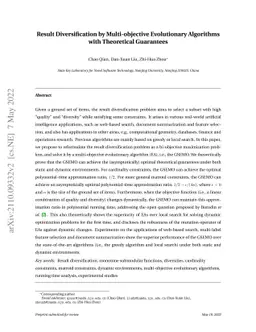 Result Diversification by Multi-objective Evolutionary Algorithms with
  Theoretical Guarantees