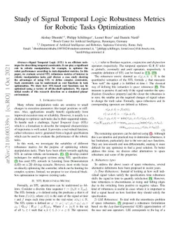 Study of Signal Temporal Logic Robustness Metrics for Robotic Tasks
  Optimization
