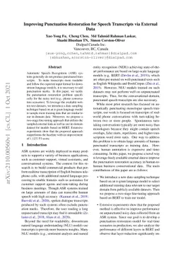 Improving Punctuation Restoration for Speech Transcripts via External
  Data