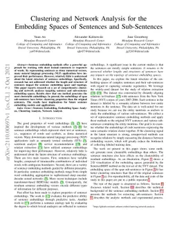 Clustering and Network Analysis for the Embedding Spaces of Sentences
  and Sub-Sentences