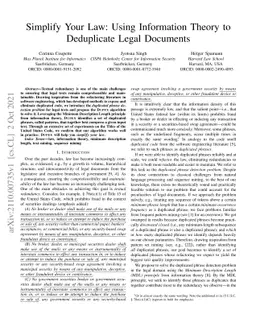 Simplify Your Law: Using Information Theory to Deduplicate Legal
  Documents