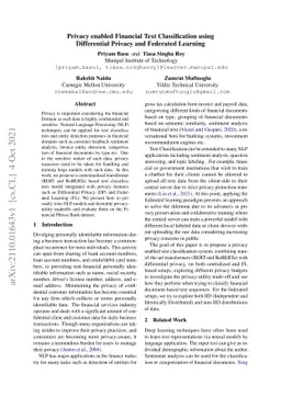 Privacy enabled Financial Text Classification using Differential Privacy
  and Federated Learning