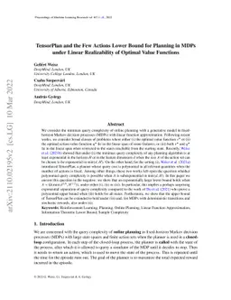 TensorPlan and the Few Actions Lower Bound for Planning in MDPs under
  Linear Realizability of Optimal Value Functions