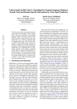 UoB at SemEval-2021 Task 5: Extending Pre-Trained Language Models to
  Include Task and Domain-Specific Information for Toxic Span Prediction