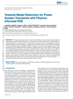 Towards Model Reduction for Power System Transients with
  Physics-Informed PDE