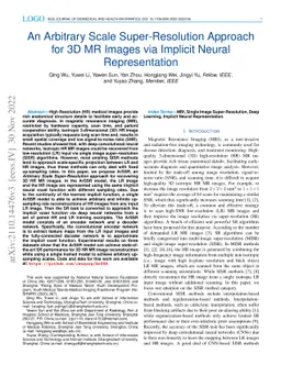 An Arbitrary Scale Super-Resolution Approach for 3D MR Images via
  Implicit Neural Representation