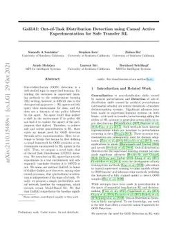 GalilAI: Out-of-Task Distribution Detection using Causal Active
  Experimentation for Safe Transfer RL