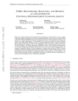CORA: Benchmarks, Baselines, and Metrics as a Platform for Continual
  Reinforcement Learning Agents
