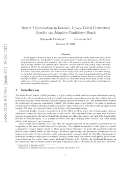 Regret Minimization in Isotonic, Heavy-Tailed Contextual Bandits via
  Adaptive Confidence Bands