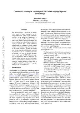 Continual Learning in Multilingual NMT via Language-Specific Embeddings