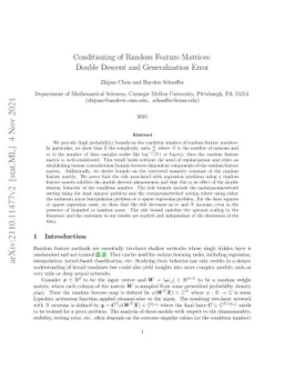 Conditioning of Random Feature Matrices: Double Descent and
  Generalization Error