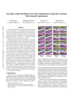 AuxAdapt: Stable and Efficient Test-Time Adaptation for Temporally
  Consistent Video Semantic Segmentation