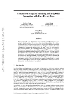 Nonuniform Negative Sampling and Log Odds Correction with Rare Events
  Data