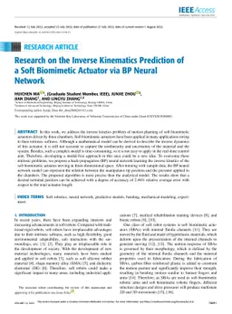 Research on the Inverse Kinematics Prediction of a Soft Biomimetic
  Actuator via BP Neural Network