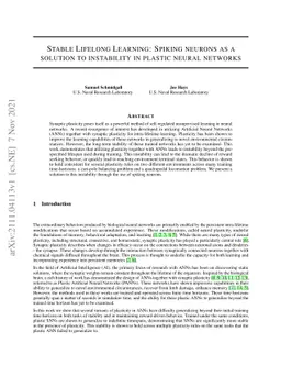 Stable Lifelong Learning: Spiking neurons as a solution to instability
  in plastic neural networks