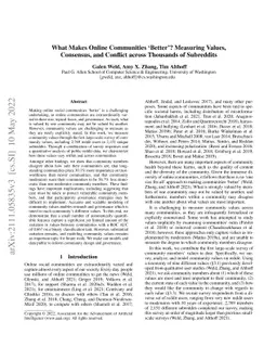 What Makes Online Communities 'Better'? Measuring Values, Consensus, and
  Conflict across Thousands of Subreddits