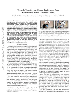 Towards Transferring Human Preferences from Canonical to Actual Assembly
  Tasks