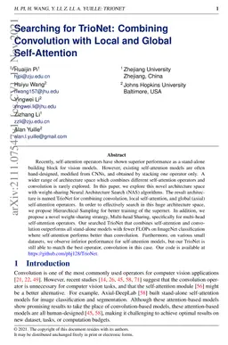 Searching for TrioNet: Combining Convolution with Local and Global
  Self-Attention