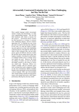 Adversarially Constructed Evaluation Sets Are More Challenging, but May
  Not Be Fair