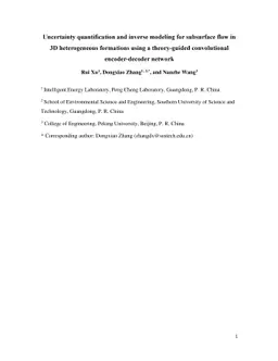 Uncertainty quantification and inverse modeling for subsurface flow in
  3D heterogeneous formations using a theory-guided convolutional
  encoder-decoder network