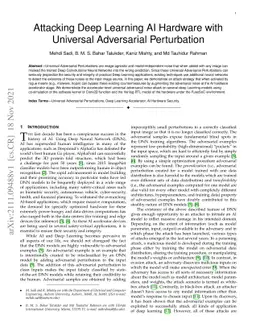 Attacking Deep Learning AI Hardware with Universal Adversarial
  Perturbation
