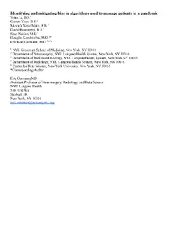 Identifying and mitigating bias in algorithms used to manage patients in
  a pandemic