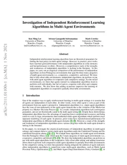Investigation of Independent Reinforcement Learning Algorithms in
  Multi-Agent Environments
