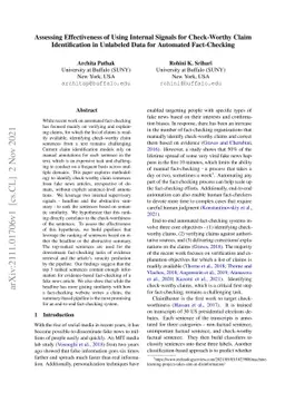 Assessing Effectiveness of Using Internal Signals for Check-Worthy Claim
  Identification in Unlabeled Data for Automated Fact-Checking