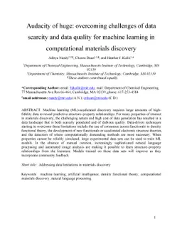 Audacity of huge: overcoming challenges of data scarcity and data
  quality for machine learning in computational materials discovery