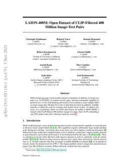 LAION-400M: Open Dataset of CLIP-Filtered 400 Million Image-Text Pairs