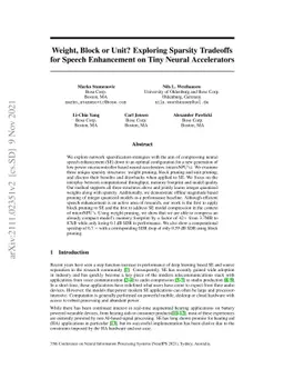 Weight, Block or Unit? Exploring Sparsity Tradeoffs for Speech
  Enhancement on Tiny Neural Accelerators