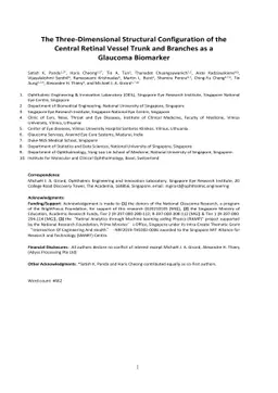 The Three-Dimensional Structural Configuration of the Central Retinal
  Vessel Trunk and Branches as a Glaucoma Biomarker