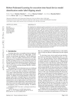 Robust Federated Learning for execution time-based device model
  identification under label-flipping attack