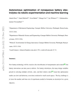 Autonomous optimization of nonaqueous battery electrolytes via robotic
  experimentation and machine learning