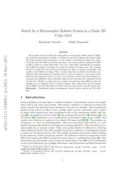Search by a Metamorphic Robotic System in a Finite 3D Cubic Grid