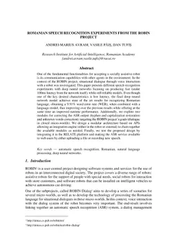 Romanian Speech Recognition Experiments from the ROBIN Project