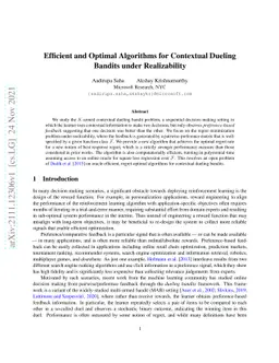 Efficient and Optimal Algorithms for Contextual Dueling Bandits under
  Realizability