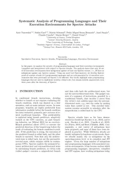 Systematic Analysis of Programming Languages and Their Execution
  Environments for Spectre Attacks