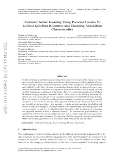 Continual Active Learning Using Pseudo-Domains for Limited Labelling
  Resources and Changing Acquisition Characteristics