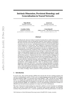 Intrinsic Dimension, Persistent Homology and Generalization in Neural
  Networks